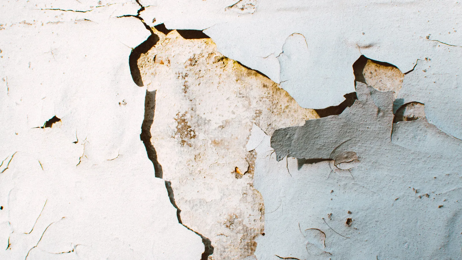 Close-up of white paint cracking and peeling away from a plaster surface, exposing stained plaster underneath