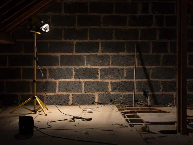 A work light on a stand lighting a dark attic