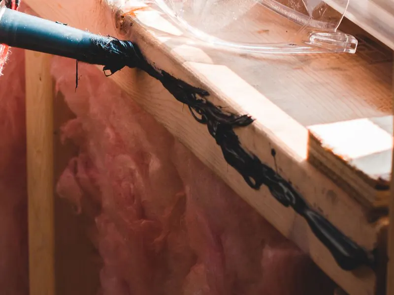 A bead of dark sealant run along a window sill