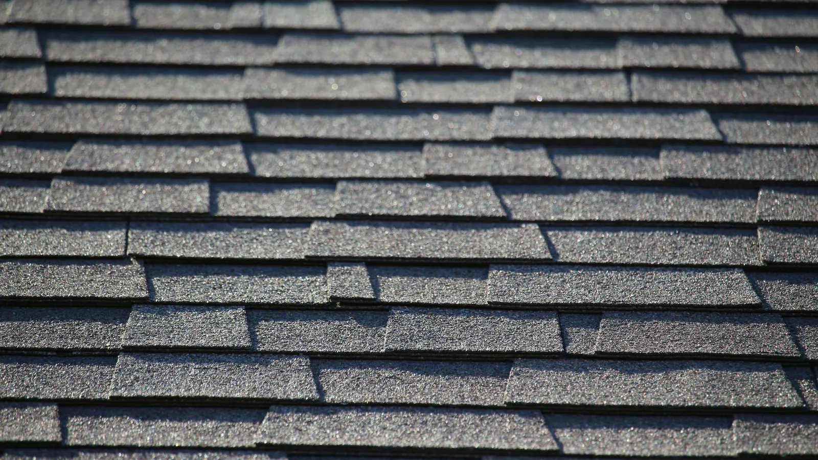Close-up of dark gray asphalt shingles in overlapping rows on a sloped roof, catching low sunlight