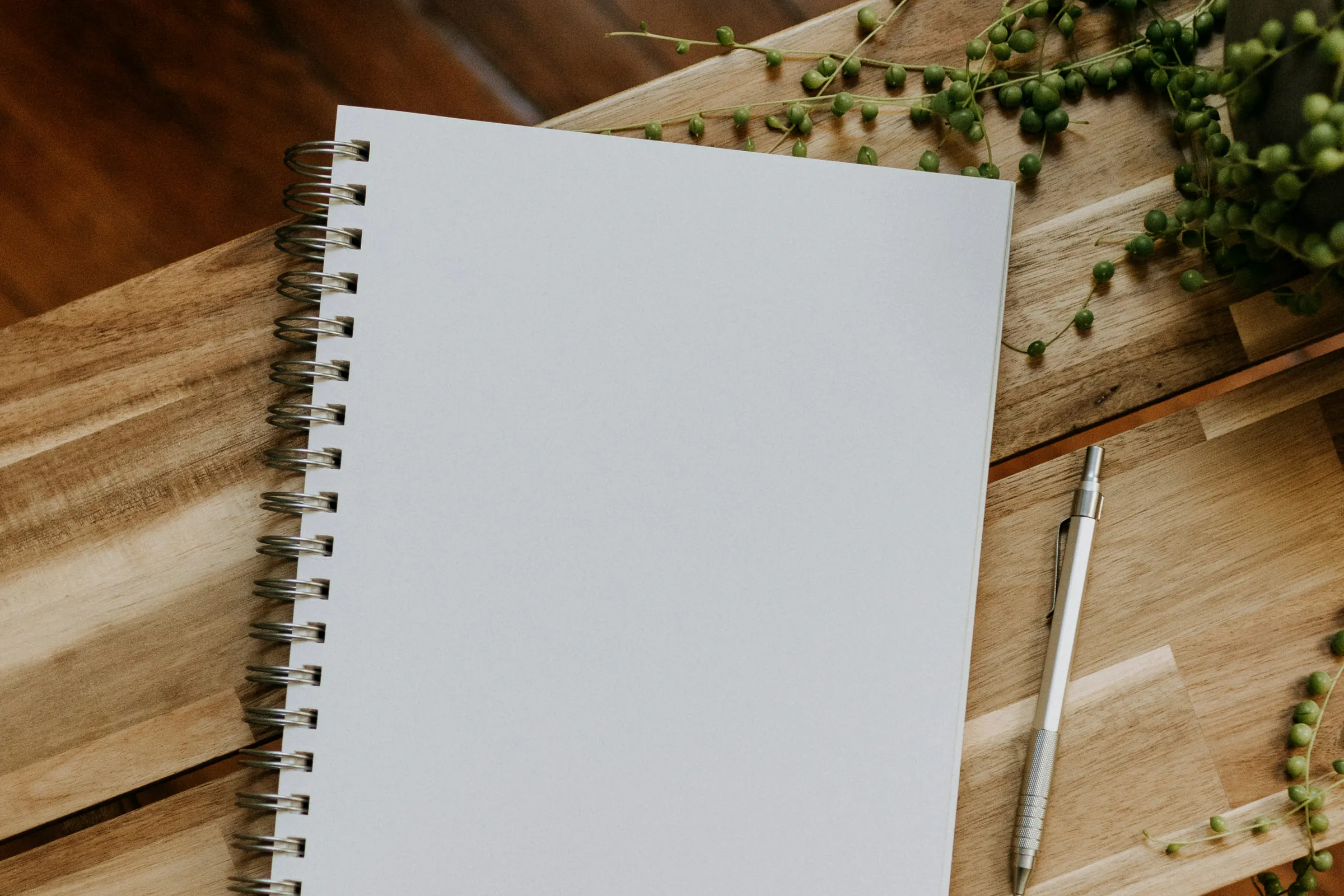 A blank spiral notebook and a pencil on a wood table beside a trailing plant