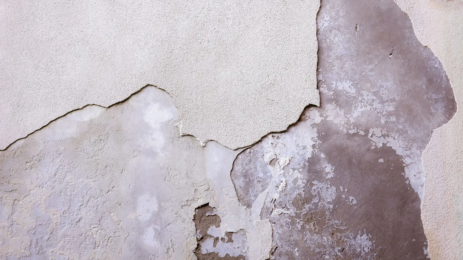 A plaster wall with its top layer cracked and flaking away, exposing patchy gray and mauve layers underneath