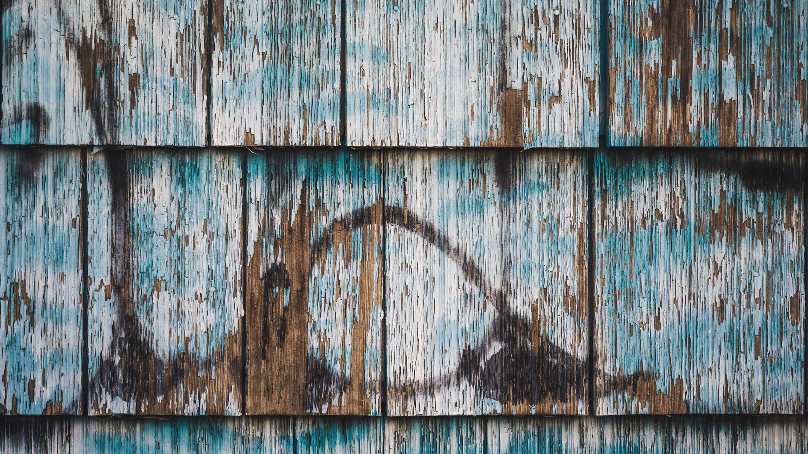 Close-up of weathered wood shingles with pale blue paint cracking and flaking away, exposing gray and brown bare wood underneath