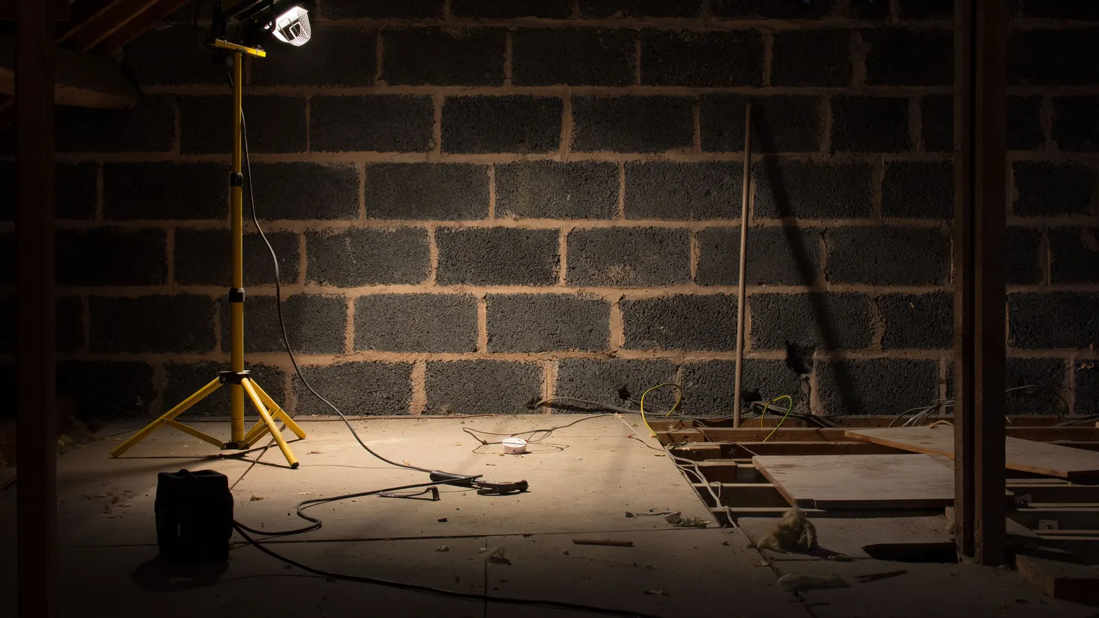 A dim attic under repair, a work lamp on a yellow stand lighting a block wall and an opened floor