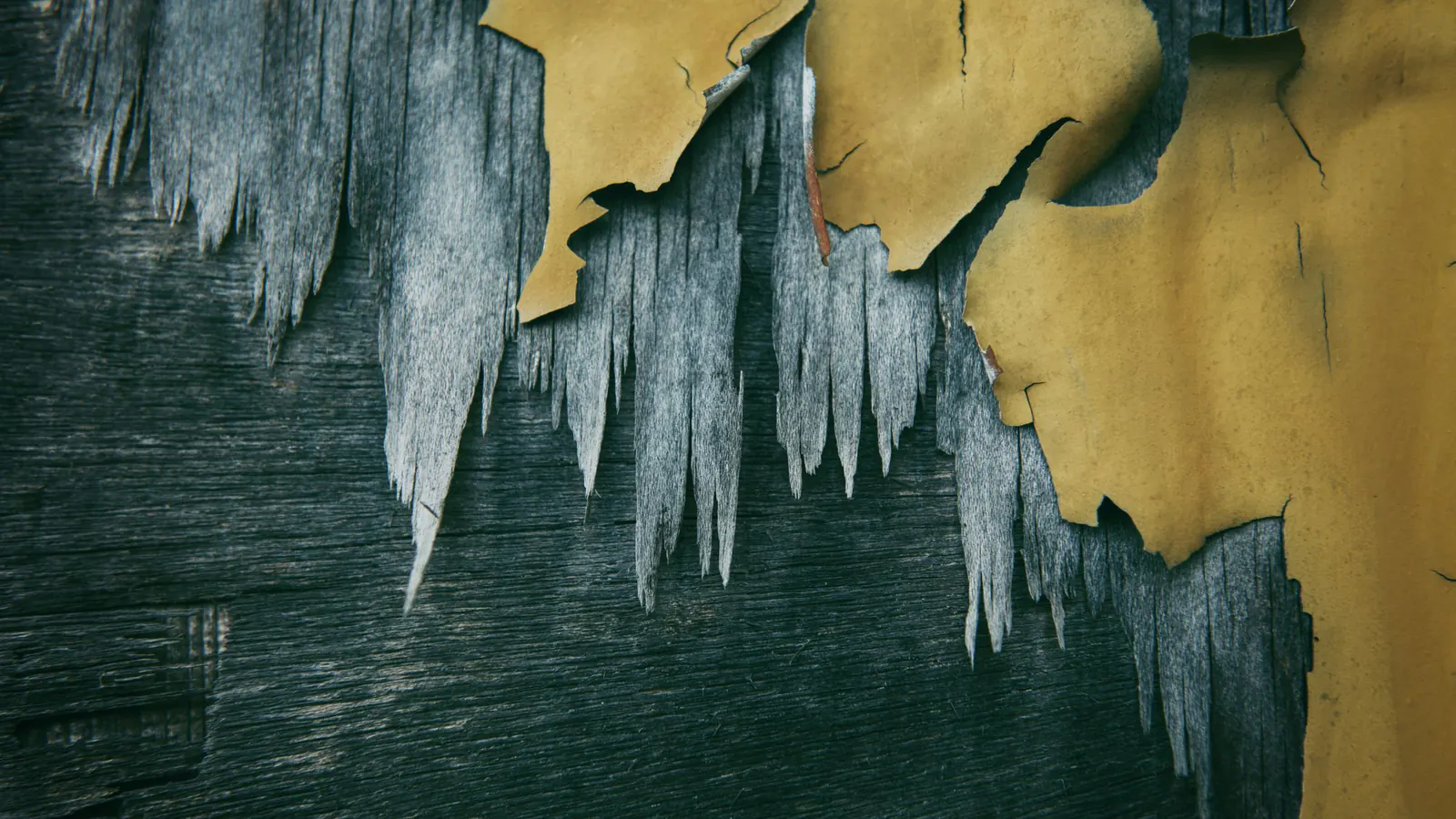 Yellow paint peeling away in large flakes from weathered gray wood, exposing the bare grain underneath