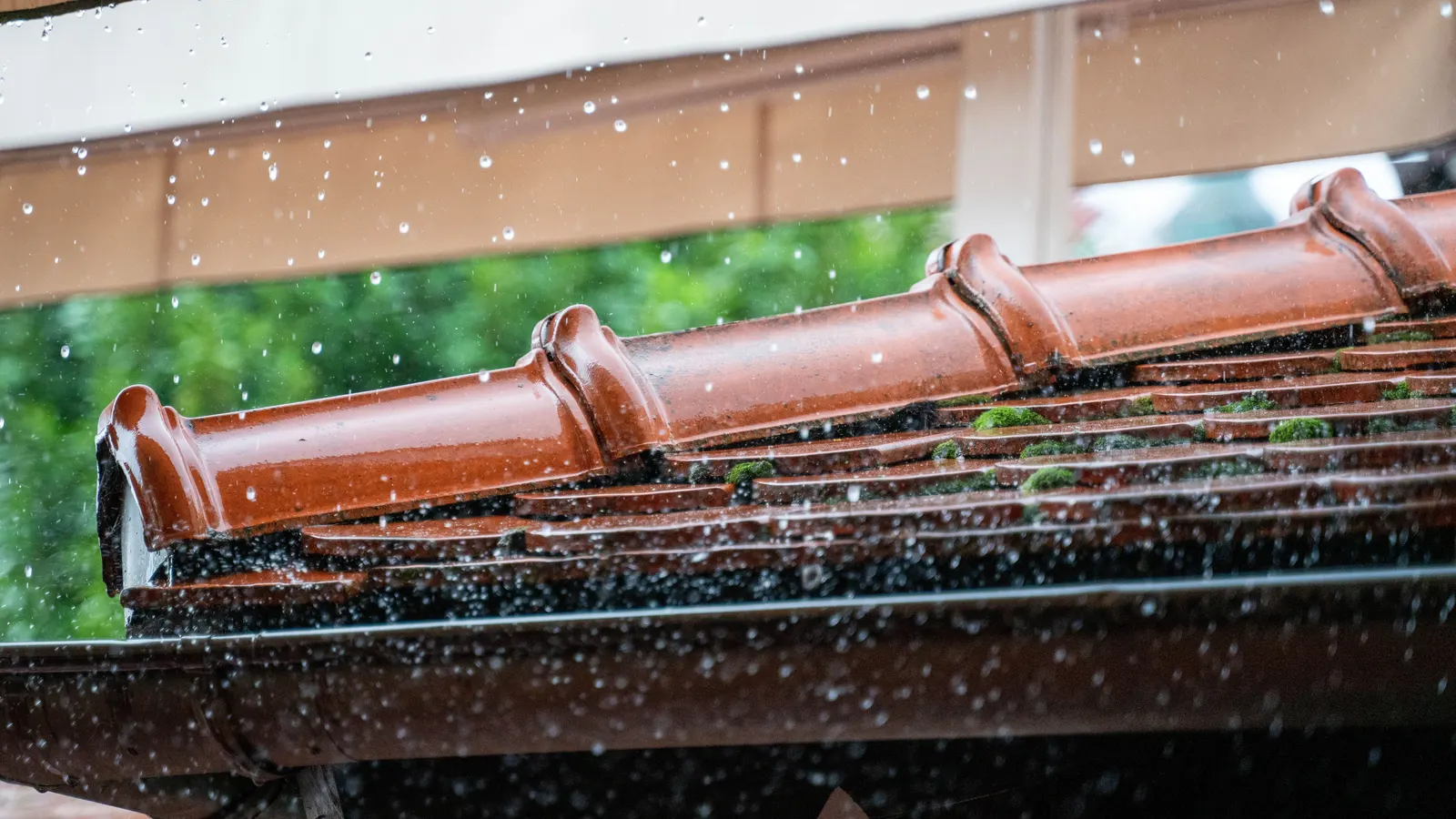 Rain running off a clay tile roof into the gutter below it
