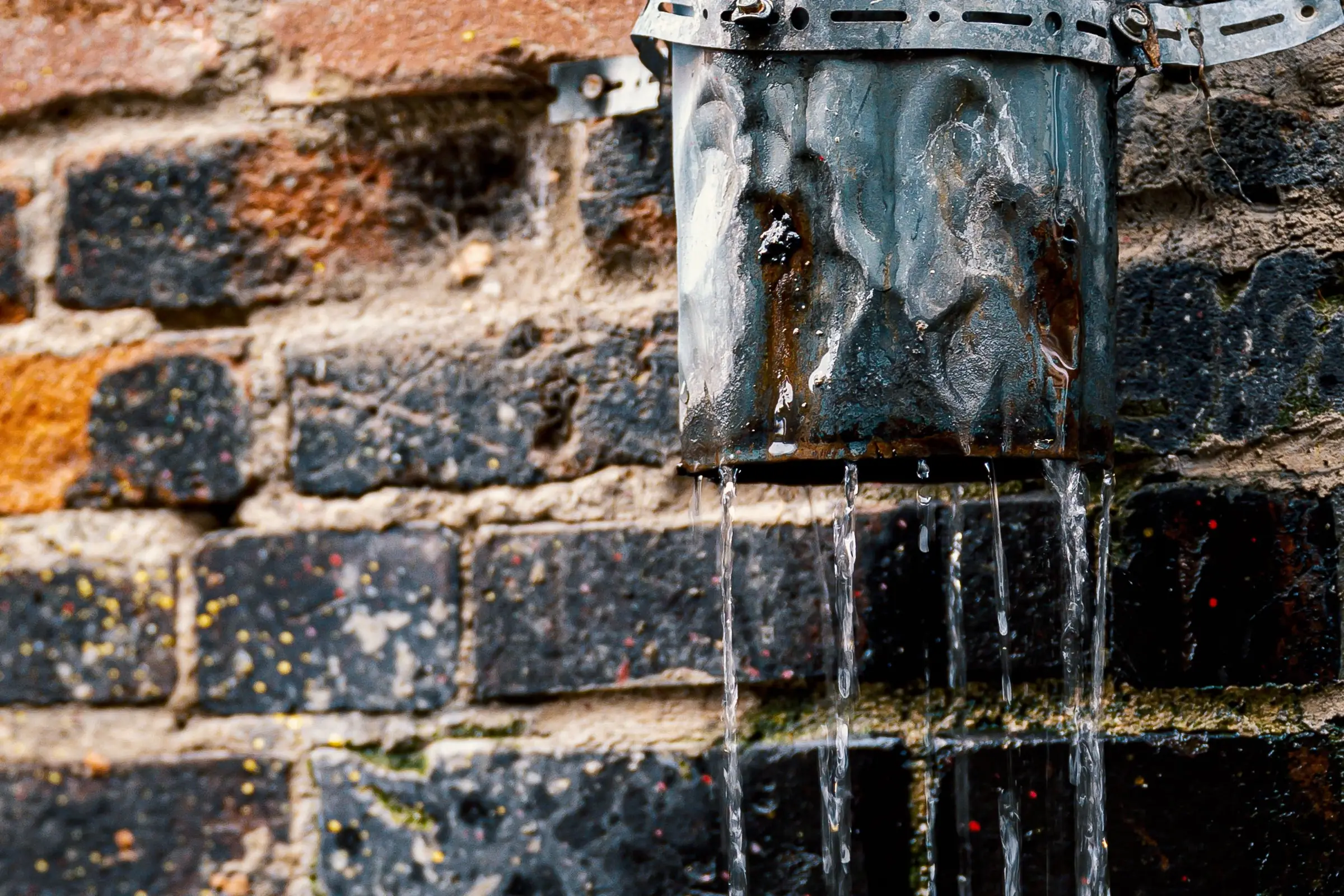 Water running out of a metal pipe and down a dark brick wall