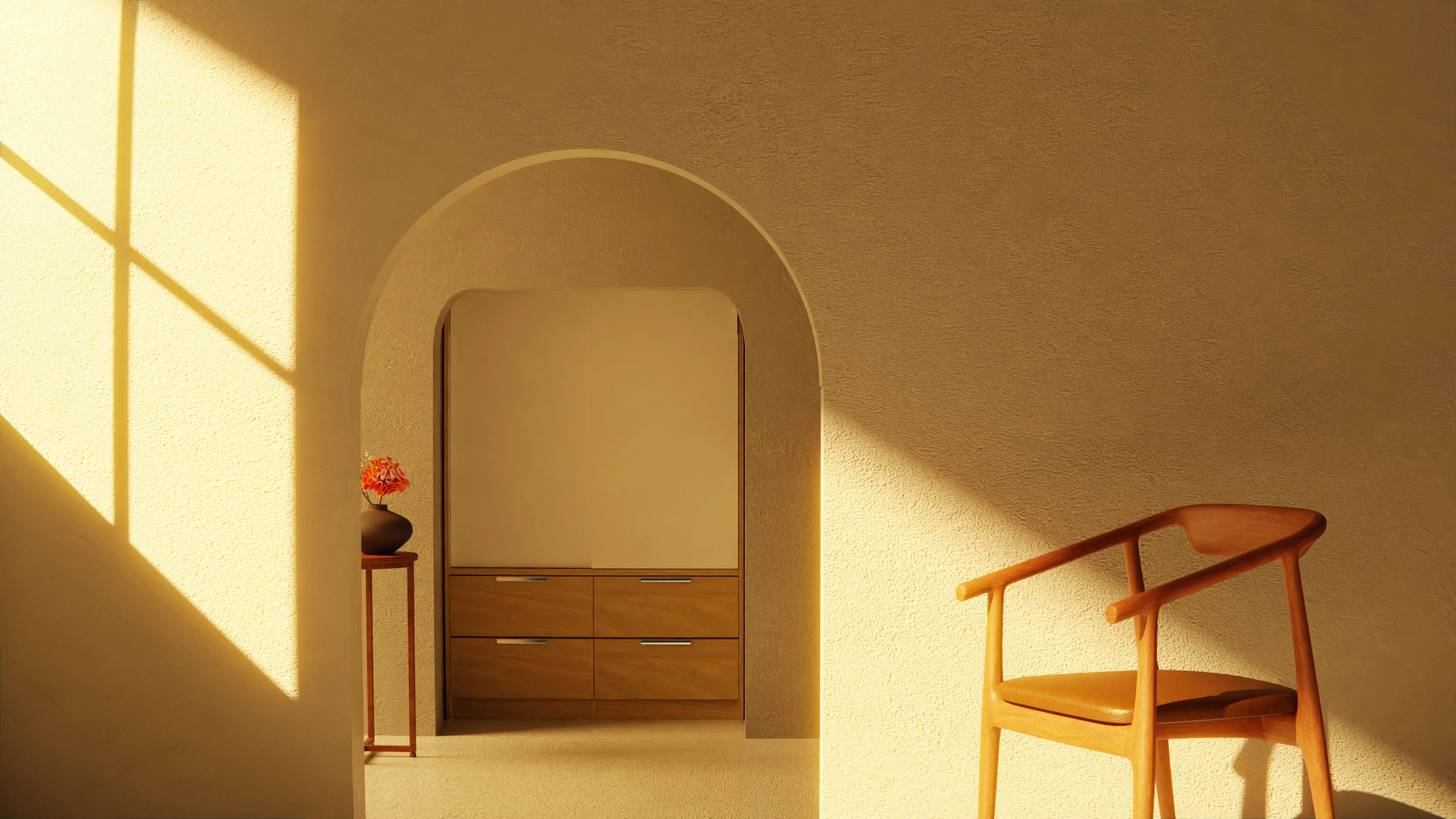 Low sun casting window light across a warm plaster wall and an arched doorway
