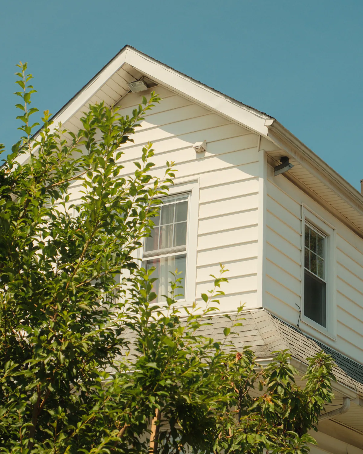 A white clapboard gable with trimmed windows and eaves against a clear sky, a green shrub in front