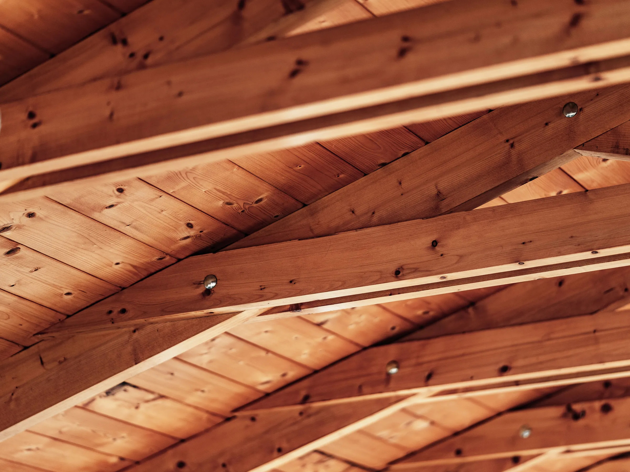Looking up at bare wood rafters and the tongue-and-groove roof boards they carry