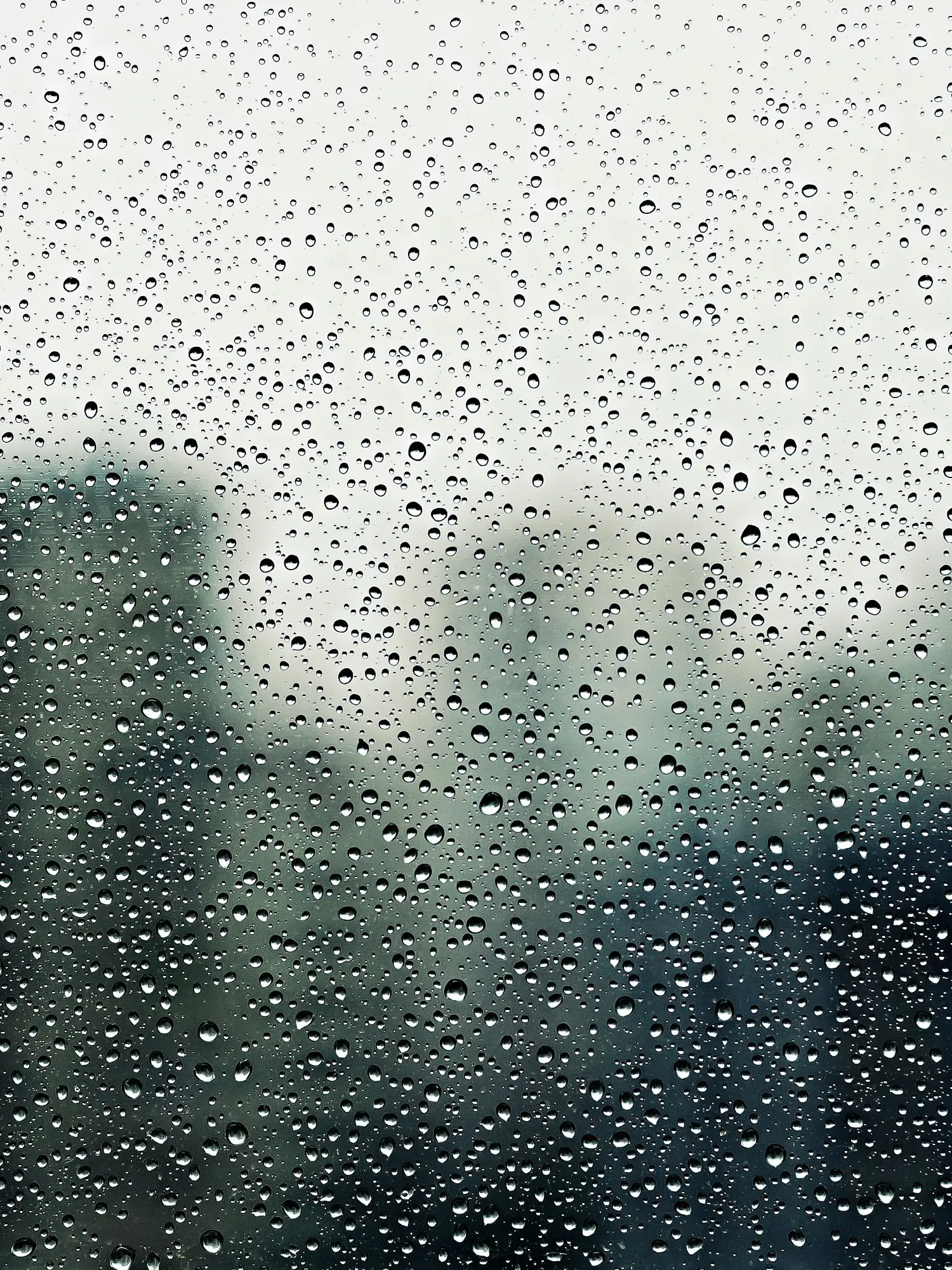 Raindrops on a window with blurred trees beyond
