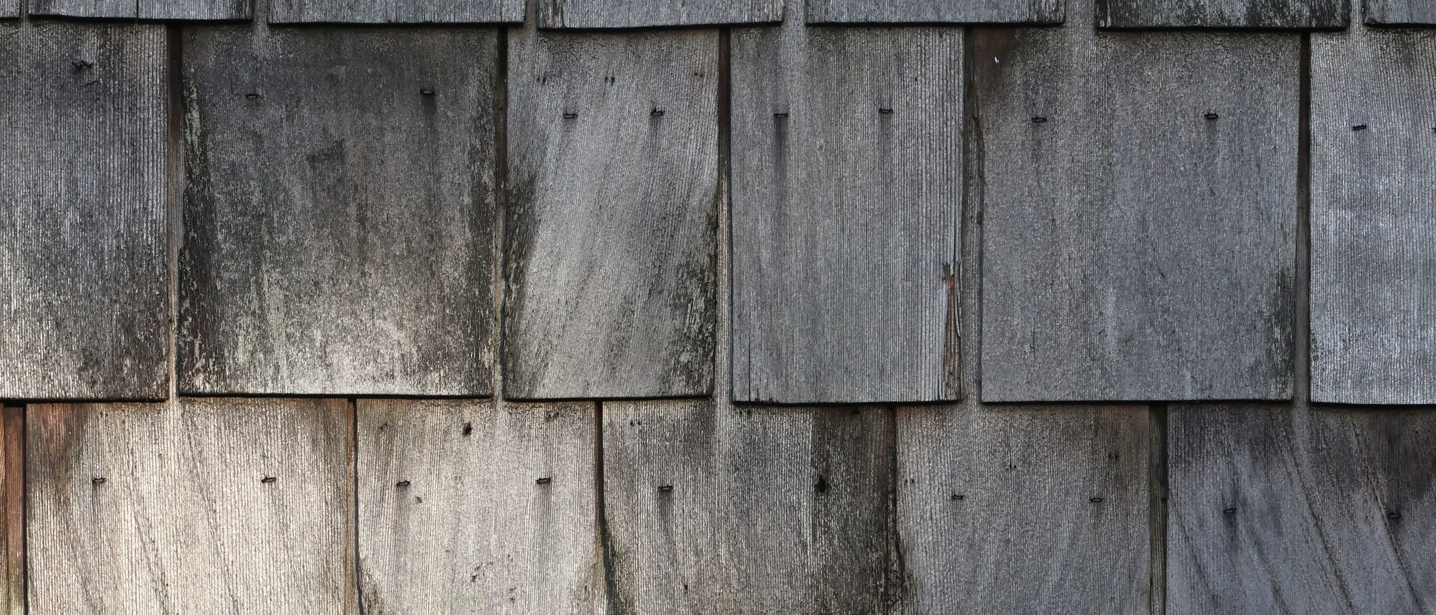Close rows of grey weathered wood shingles
