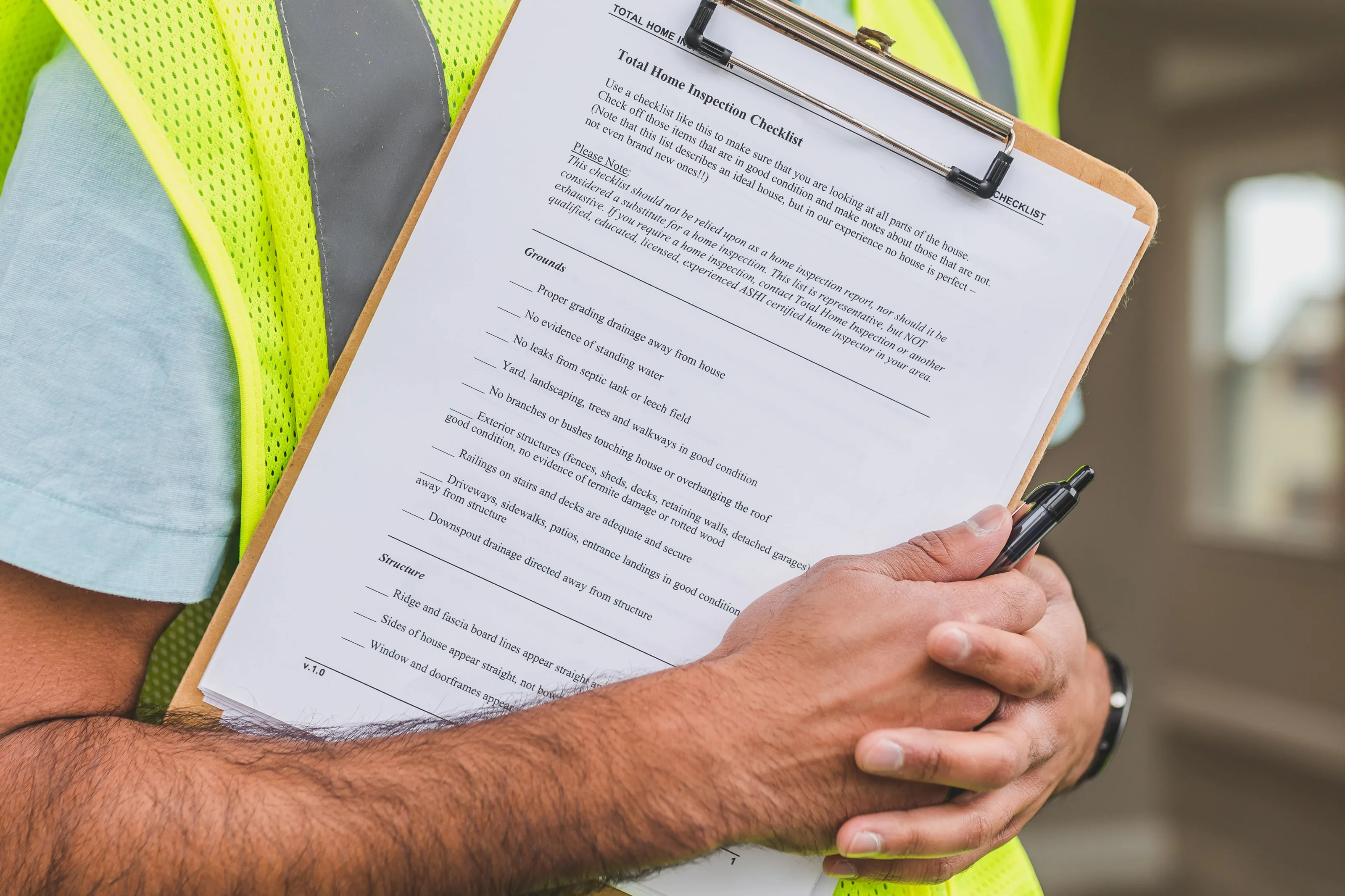 Hands holding a pen and a home inspection checklist on a clipboard