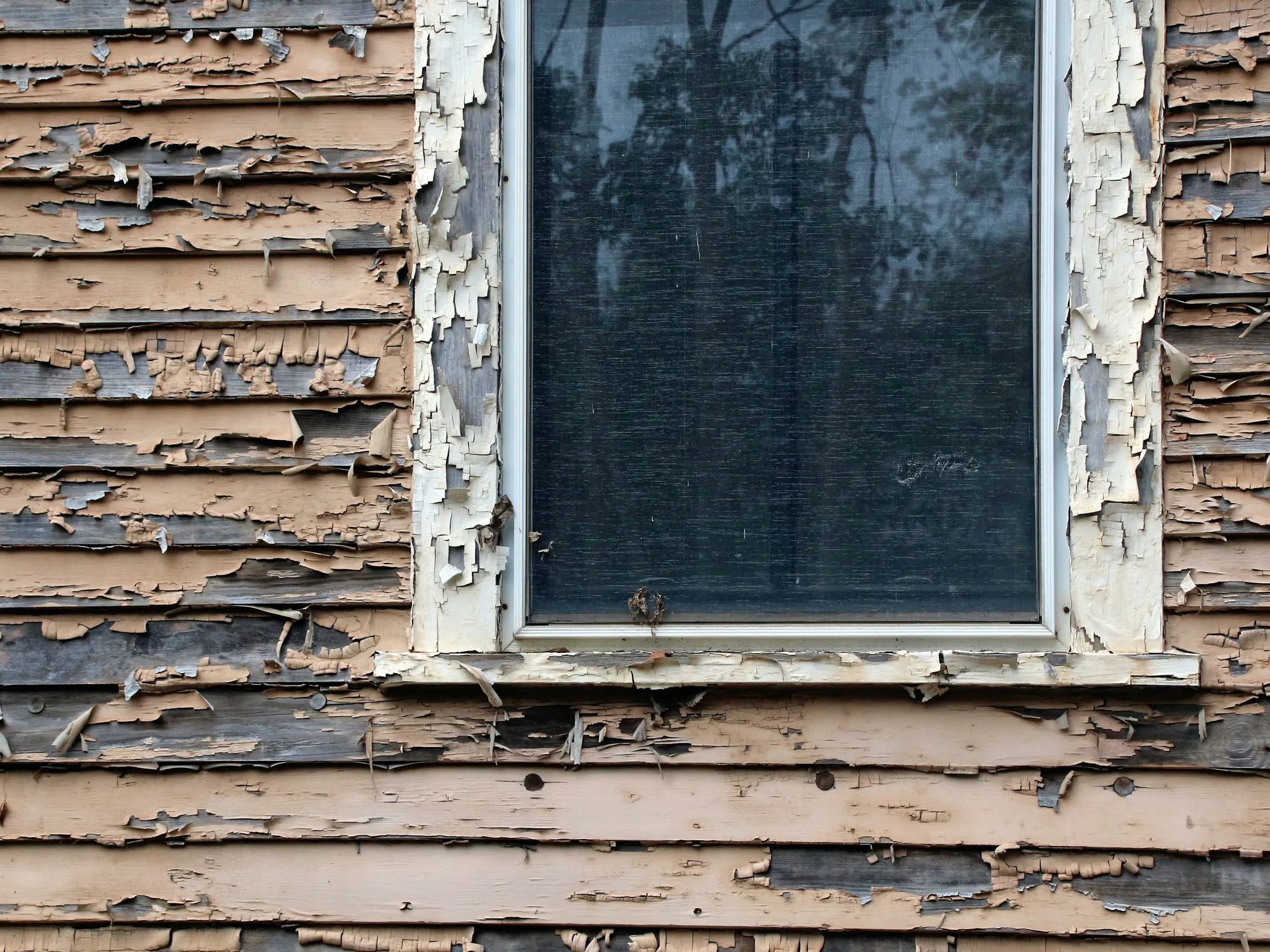 Old paint flaking off weathered wood siding around a window